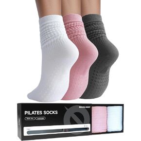 Pilates Socks for Women with Grip - Long Yoga Slouch Socks for Barre Workout, Non Slip Soft Comfortable 3 Pairs in Kuwait