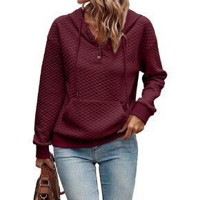 SHEWIN Women's Hoodies Casual Long Sleeve Quilted Half Button Drop Shoulder Pullover Tops Loose Drawstring Hooded Sweatshirt in Kuwait