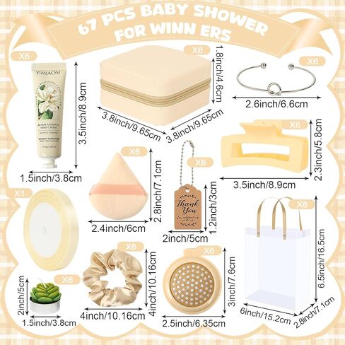 Baby Shower Prizes for Winners Gifts Headband Hair Brush Jewelry Box Plants Candles Bracelet Hand Cream Compact Powder Puff Hair Claw ribbon Gift Bag Beaded Necklace Bridal Shower(6 Sets-Beige) in Kuwait