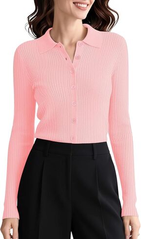 Urban CoCo Women's Long Sleeve V-Neck Pullover Sweater Shirt Knit Casual Ribbed Button Down Tops in Kuwait