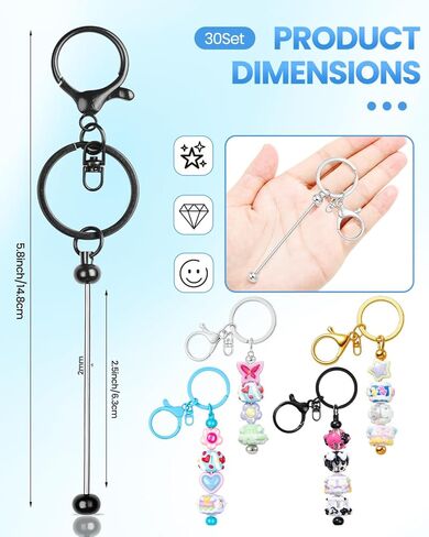 RQaye 30pcs مفاتيح مفاتيح القابلة للخرز مجموعة مفاتيح مجموعة كبيرة من الخرز الفارغ الفارغ شريط مفاتيح DIY MEY'S MENT MANDS FARFS ، المجوهرات ، إكسسوارات الأكياس ، هدايا المشروع المخصصة (متعدد الألوان) in Kuwait