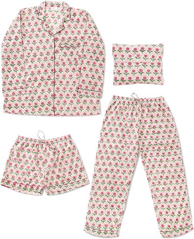 Huar Women Pajama Set, 4 pcs Button Down Vacation Beach Cotton Set, Lounge wear PJ Set For Birthday in Saudi Arabia