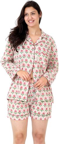 Huar Women Pajama Set, 4 pcs Button Down Vacation Beach Cotton Set, Lounge wear PJ Set For Birthday in Saudi Arabia