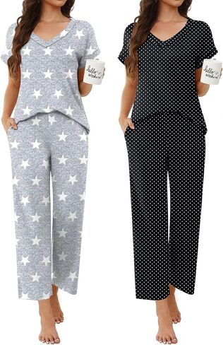 Ekouaer 2 Pack Pajamas for Women Short Sleeve V Neck Pj 2 Piece Lounge Sets S-XXL in Saudi Arabia