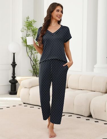 Ekouaer 2 Pack Pajamas for Women Short Sleeve V Neck Pj 2 Piece Lounge Sets S-XXL in Saudi Arabia