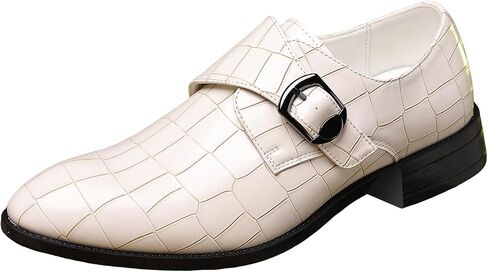 Men's Dress Shoes, Crocodile Pattern Leather Monk Strap, White, Rubber Sole in Saudi Arabia