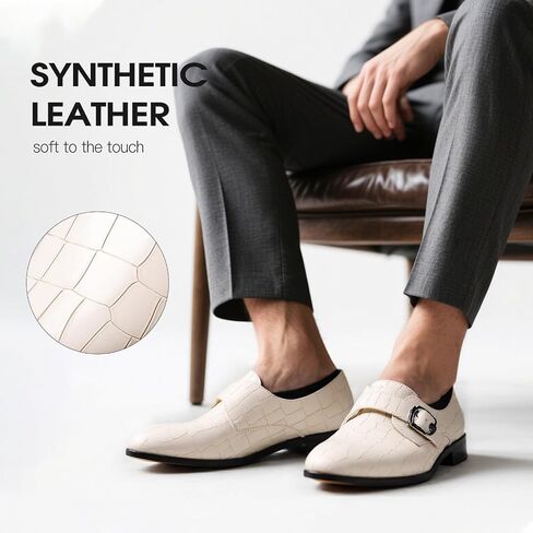 Men's Dress Shoes, Crocodile Pattern Leather Monk Strap, White, Rubber Sole in Saudi Arabia