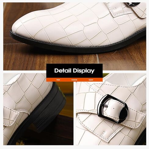 Men's Dress Shoes, Crocodile Pattern Leather Monk Strap, White, Rubber Sole in Saudi Arabia