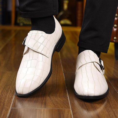 Men's Dress Shoes, Crocodile Pattern Leather Monk Strap, White, Rubber Sole in Saudi Arabia