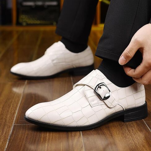 Men's Dress Shoes, Crocodile Pattern Leather Monk Strap, White, Rubber Sole in Saudi Arabia