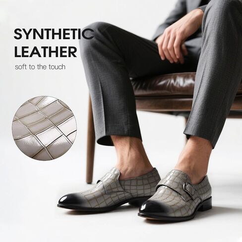 Men's Dress Shoes, Crocodile Pattern Leather Monk Strap, White, Rubber Sole in Saudi Arabia