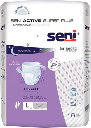 ملابس داخلية Seni Active Super Plus، لسلس البول الشديد، مقاس كبير، 18 قطعة (عبوة من 4 قطع) in Kuwait