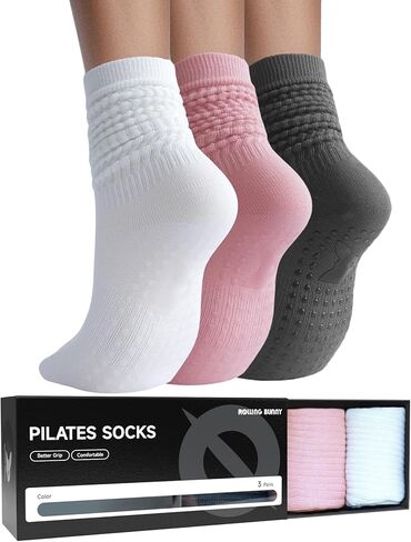 جوارب بيلاتيس للنساء مع قبضة - جوارب ترهل طويلة لليوغا لتمرين باري ، غير ناعم مريح 3 أزواج in Kuwait