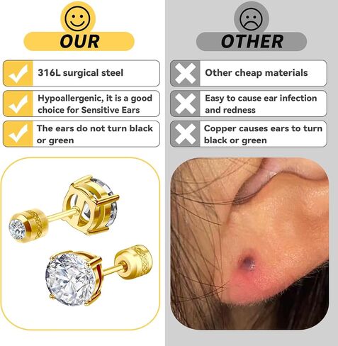 6 Pairs Stud Earrings for Women, Surgical Steel Earrings Set Lightweight and Trendy 316L CZ Cartilage Earlobes Hypoallergenic(Rose Gold) in Saudi Arabia