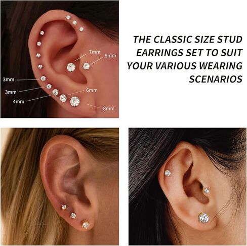 6 Pairs Stud Earrings for Women, Surgical Steel Earrings Set Lightweight and Trendy 316L CZ Cartilage Earlobes Hypoallergenic(Rose Gold) in Saudi Arabia