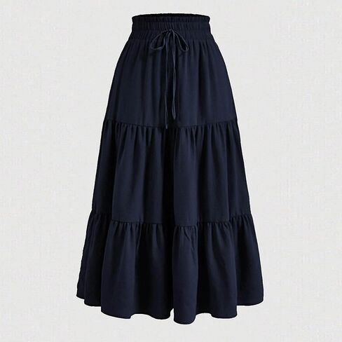 Women's Flowy Maxi Skirt Summer Pleated Elastic Waisted Skirts Casual Drawstring Clothes A-line Solid Soft Outfit in Saudi Arabia