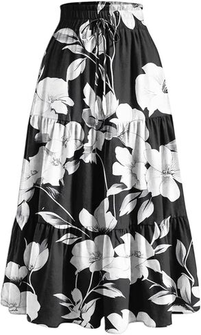 Women's Flowy Maxi Skirt Summer Pleated Elastic Waisted Skirts Casual Drawstring Clothes A-line Solid Soft Outfit in Saudi Arabia