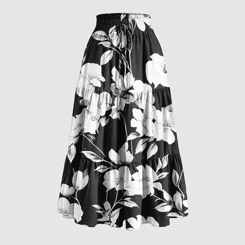 Women's Flowy Maxi Skirt Summer Pleated Elastic Waisted Skirts Casual Drawstring Clothes A-line Solid Soft Outfit in Saudi Arabia