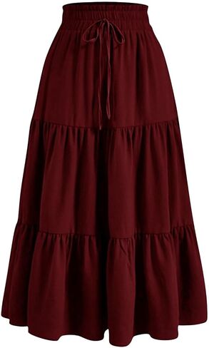 Women's Flowy Maxi Skirt Summer Pleated Elastic Waisted Skirts Casual Drawstring Clothes A-line Solid Soft Outfit in Saudi Arabia