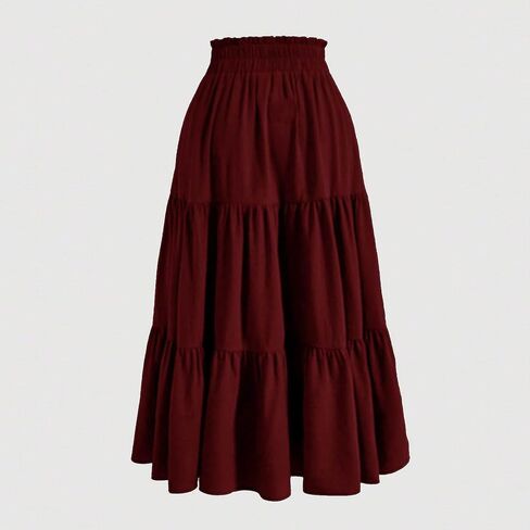 Women's Flowy Maxi Skirt Summer Pleated Elastic Waisted Skirts Casual Drawstring Clothes A-line Solid Soft Outfit in Saudi Arabia