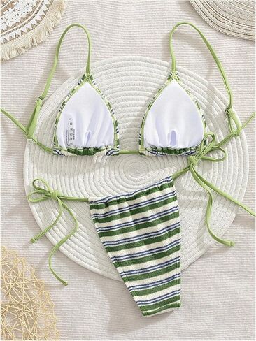 Gorglitter Women's Triangle Bow Bikini مجموعات مخططة عالية الخصر سلسلة ثونغ ملابس السباحة الصيفية بدلة 2 قطعة 2025 in Saudi Arabia