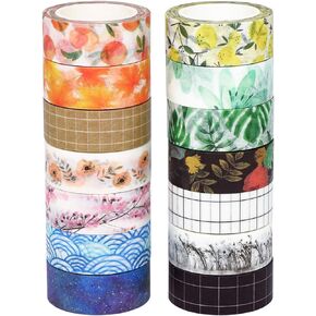Knaid Washi Tape Set, Assorted 14 Rolls of 15 mm Wide Decorative Grid Tapes for Scrapbooking, DIY Arts and Crafts, Bullet Journal, Planner, Junk Journal, Gift Wrapping