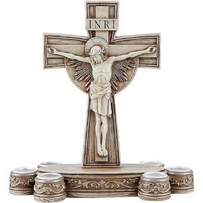 Crucifix Lenten Candleholder, Religious Home Decor, Resin Christ Statue, Holds Six Candles, Lent Candle Pack Not Included, 8" W x 8.25" H x 3.75" D