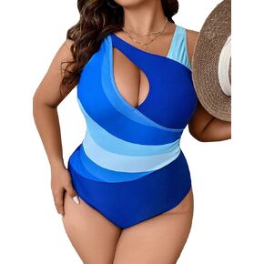 OYOANGLE Women's Plus Size Color Block Cut Out One Piece Swimsuit Asymmetrical Neck Tummy Control Bathing Suits
