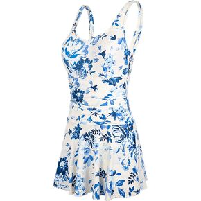 Womens Floral Swim Dress One Piece Swimsuit Women Cover Ups Swimwear Tankini Bathing Suits Floral Beach Dress Swim Skirt