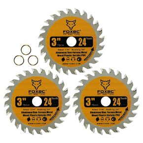 FOXBC 3 Inch Circular Saw Blade 24T Carbide Cuts for Wood, Plastic, PCV, Acrylic, Aluminum with 7/16" Arbor, Compatible with Dewalt, Dremel, Ryobi, Worx, Milwaukee, Ultra-Saws, RotoZip Saws - 3 Pack
