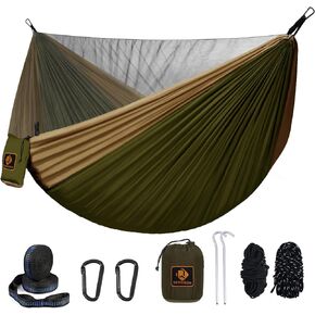 Camping Hammock, Portable Hammocks with Mosquito Net,Lightweight Nylon Parachute Hammock with 10ft Tree Straps,Camping Gear Must Haves for Travel Hiking Backpacking Beach Patio-Green&Khaki