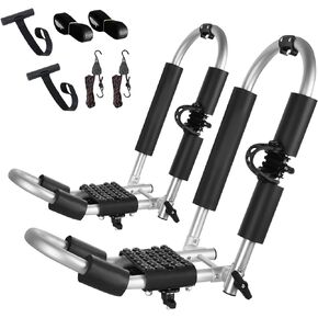 Kayak Roof Rack, 2 in 1 Aluminum 1 Pair J-Bar Roof Rack, Folding Adjustable Rack, Weight 80 LBS Heavy Duty Kayak Roof Carrier 1 Kayak, Canoe, SUV, Surfboard on SUV, Car and Truck Crossbar