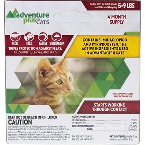 Adventure Plus Triple Flea Protection for Cats – Spot on Flea & Tick Prevention for Cats 9lbs & over – 4 Doses