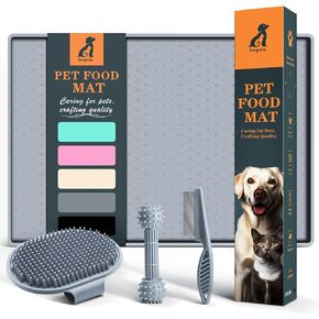 Dog Food Mat - Bonus with 3 PCS Pet Kit including Comb, Brush, and Chewing Toy, Waterproof Silicone Pet Feeding Mat for Food and Water, Raised Edge Cat Bowl Tray, Size: Small (19"x12") - Pink