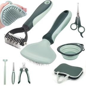 Dog Brush Grooming Kit 8 Pcs, Dog Brushes for Heeding, Dog Brush for Grooming, Slicker Brush and Flea Comb for Dogs, Puppy Brush for DogsComb and Dog Hair Brush Set, Double Sided Shedding