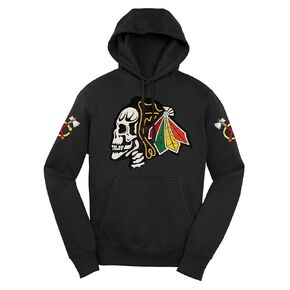 Fear The Feathers Skull Chicago Hockey Hoodie (Small, Black)