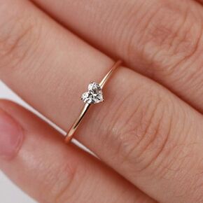 Women's Heart-Shaped CZ Crystal Ring in Rose Gold Minimalist, Delicate Plain Band Knuckle Stacking Midi Jewelry