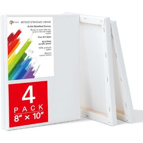Simetufy 4 Pack Stretched Canvas for Painting 8x10 Inch, 100% Cotton Blank Painting Canvas, Canvases for Acrylic or Oil Paint, Pre-Primed, 5/8 Inch Profile