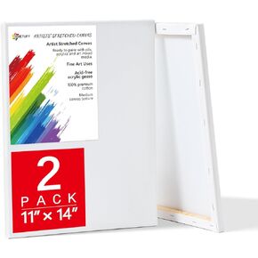 2 Pack Stretched Canvas for Painting 11x14 Inch, 100% Cotton Blank Painting Canvas, Canvases for Acrylic or Oil Paint, Pre-Primed, 5/8 Inch Profile