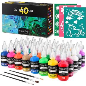 Magicfly 3D Fabric Permanent Paint 40 Color, Fabric Paint with Vibrant Colors, 3 Bonus Brushes & Stencils, Ideal for Textile T-Shirts Fabrics Canvas Glass Wood (5 Color Type & 1 oz Each)
