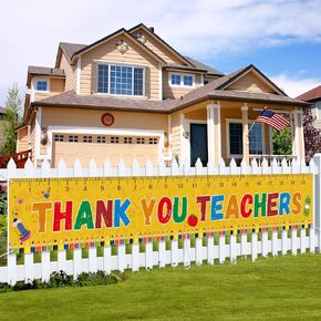 Teacher Appreciation Week Decorations Banner 120" x 20" Thank You Teachers Yellow Ruler Apple Crayon Seasonal Holiday Party Decorations for Indoor Outdoor Classroom,School,Office Decorations