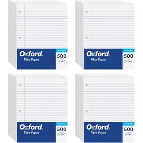 Oxford Loose Leaf Paper, Filler Paper, Notebook Paper, 8-1/2" x 11", College Rule, 3-Hole Punched, 2,000 Sheets for 3 Ring Binders, 4 Packs of 500, White (62331)