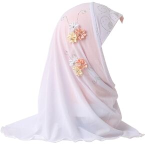 Kids One Piece Muslim Hijab and Cap for Girls Long Al Amira Islamic Ramadan Head Wrap Scarf Shawl with Rhinestone and Flower