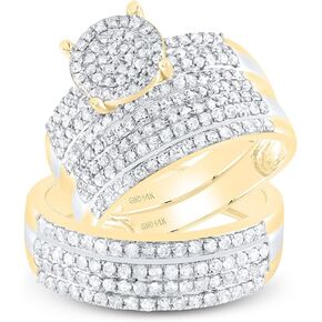 His and Hers Bridal Womens and Mens Engagment and Wedding Band Complete Trio Matching Wedding Rings Set 14K Yellow Gold Round Diamond Cluster 1-1/3 Cttw