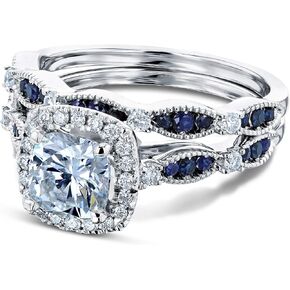 Kobelli Moissanite and Blue Sapphire Halo Bridal Rings Set