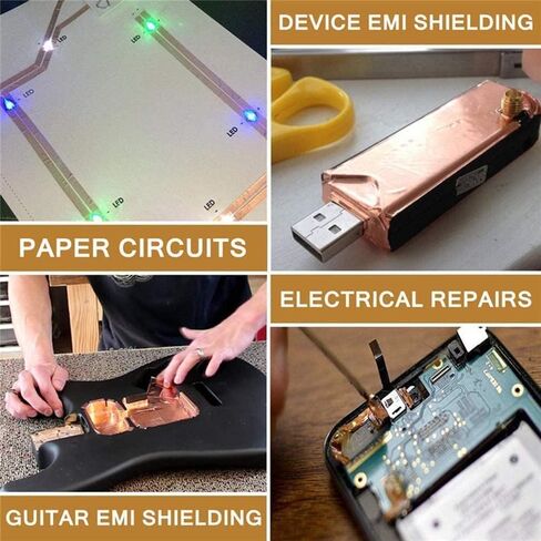 شريط رقائق النحاس (1/2 بوصة × 33 قدم) مع لاصق موصل مزدوج الجوانب للجيتار والدرع الكهرومغناطيسي، صناعة الزجاج الملون، الإصلاحات الكهربائية، الدوائر الورقية، اللحام، التأريض، شريط نحاسي DIY in Kuwait