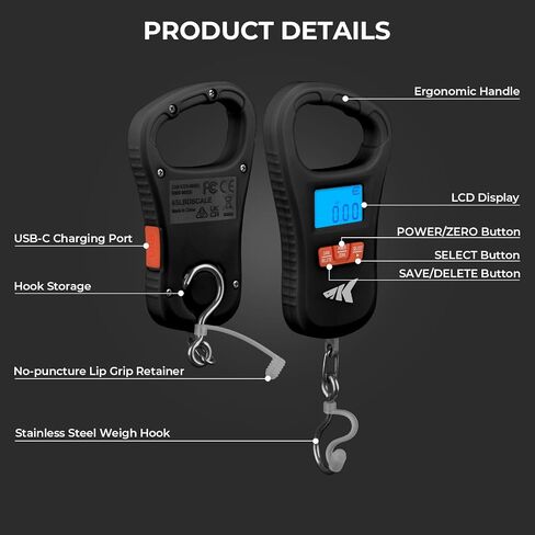 KastKing Fish Scale, ToughTide USB Charging Fishing Scale, 65lb Capacity, Ultra-Thin Digital Fish Scale, LCD Display, Ergonomic Handle, Fish Scales Digital Weight, Fishing Accessories for Men in Saudi Arabia