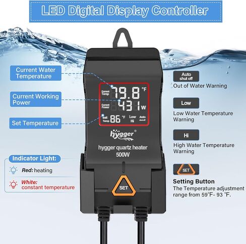 سخان حوض السمك hygger 300 وات 500 وات 800 وات 1000 وات 1200 وات، سخان خزان أسماك كبير قابل للتعديل مع نظام إيقاف تشغيل تلقائي ذكي، سخان مياه مع شاشة رقمية LED، للمياه المالحة والمياه العذبة in Kuwait