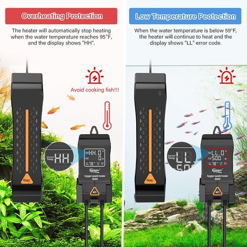 سخان حوض السمك hygger 300 وات 500 وات 800 وات 1000 وات 1200 وات، سخان خزان أسماك كبير قابل للتعديل مع نظام إيقاف تشغيل تلقائي ذكي، سخان مياه مع شاشة رقمية LED، للمياه المالحة والمياه العذبة in Kuwait