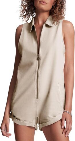 Tongmingyun Womens Zip Up Romper Casual Summer Sleeveless Cotton V Neck Short Jumpsuits with Pockets in Saudi Arabia